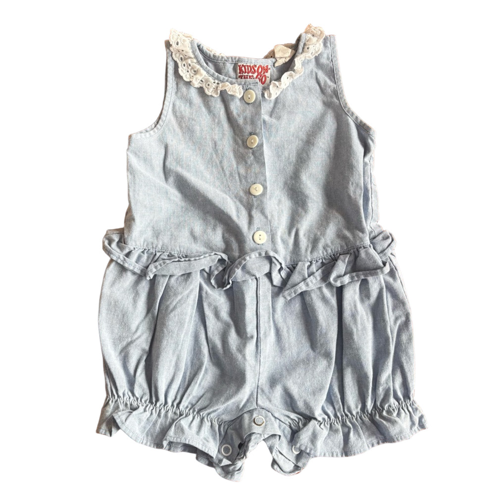Vintage Baby Kids On The Go Denim Chambray Lace Sleeveless Bubble Romper Size 2T